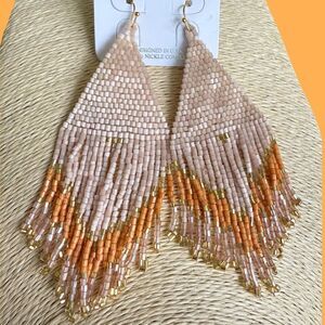 Western Earrings Champagne Beige Nude Neutral Bone Beaded Fringe Cowgirl